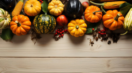 Happy Thanksgiving concept. Composition with ripe orange pumpkins, fallen leaves, dry flowers on rustic wooden table. Flat lay, top view, copy spaceの素材