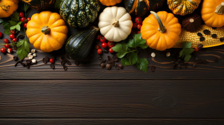 Happy Thanksgiving concept. Composition with ripe orange pumpkins, fallen leaves, dry flowers on rustic wooden table. Flat lay, top view, copy spaceの素材