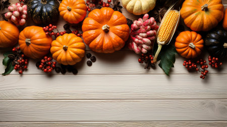 Happy Thanksgiving concept. Composition with ripe orange pumpkins, fallen leaves, dry flowers on rustic wooden table. Flat lay, top view, copy spaceの素材