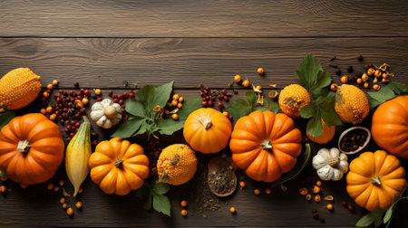 Happy Thanksgiving concept. Composition with ripe orange pumpkins, fallen leaves, dry flowers on rustic wooden table. Flat lay, top view, copy spaceの素材