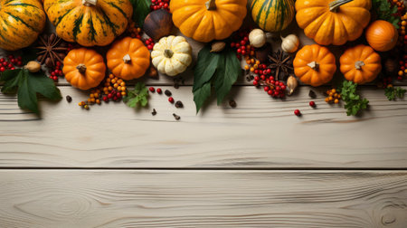 Happy Thanksgiving concept. Composition with ripe orange pumpkins, fallen leaves, dry flowers on rustic wooden table. Flat lay, top view, copy spaceの素材