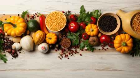 Happy Thanksgiving concept. Composition with ripe orange pumpkins, fallen leaves, dry flowers on rustic wooden table. Flat lay, top view, copy spaceの素材