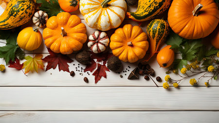 Happy Thanksgiving concept. Composition with ripe orange pumpkins, fallen leaves, dry flowers on rustic wooden table. Flat lay, top view, copy spaceの素材