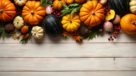 Happy Thanksgiving concept. Composition with ripe orange pumpkins, fallen leaves, dry flowers on rustic wooden table. Flat lay, top view, copy spaceの素材