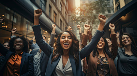 Energetic business team celebrating victory with joyous expressions and raised fistsの素材
