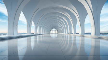Futuristic white corridor with arches reflecting on glossy floor, minimalist sphere centered in a tranquil, spacious interior designの素材