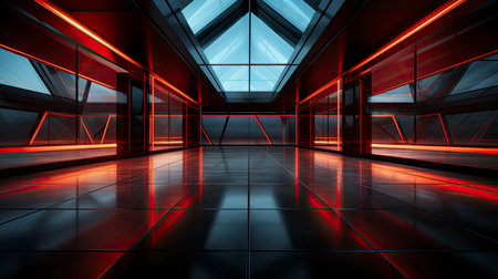 Futuristic white corridor with arches reflecting on glossy floor, minimalist sphere centered in a tranquil, spacious interior designの素材