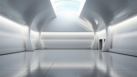 Futuristic white corridor with arches reflecting on glossy floor, minimalist sphere centered in a tranquil, spacious interior designの素材