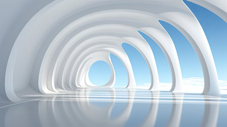 Futuristic white corridor with arches reflecting on glossy floor, minimalist sphere centered in a tranquil, spacious interior designの素材