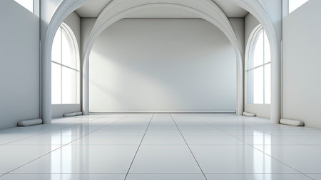 Futuristic white corridor with arches reflecting on glossy floor, minimalist sphere centered in a tranquil, spacious interior designの素材