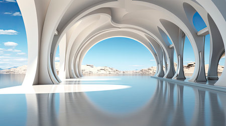 Futuristic white corridor with arches reflecting on glossy floor, minimalist sphere centered in a tranquil, spacious interior designの素材