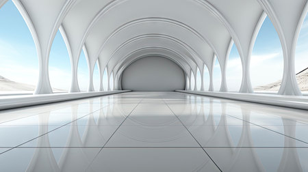 Futuristic white corridor with arches reflecting on glossy floor, minimalist sphere centered in a tranquil, spacious interior designの素材