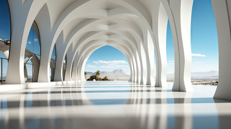 Futuristic white corridor with arches reflecting on glossy floor, minimalist sphere centered in a tranquil, spacious interior designの素材