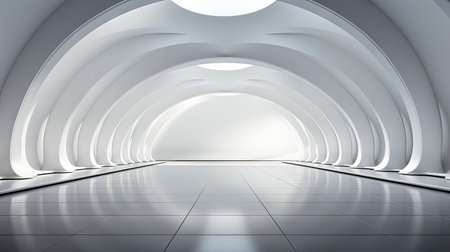 Futuristic white corridor with arches reflecting on glossy floor, minimalist sphere centered in a tranquil, spacious interior designの素材