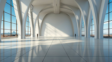 Futuristic white corridor with arches reflecting on glossy floor, minimalist sphere centered in a tranquil, spacious interior designの素材