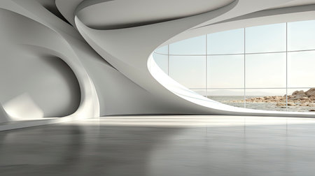 Futuristic white corridor with arches reflecting on glossy floor, minimalist sphere centered in a tranquil, spacious interior designの素材