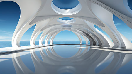 Futuristic white corridor with arches reflecting on glossy floor, minimalist sphere centered in a tranquil, spacious interior designの素材