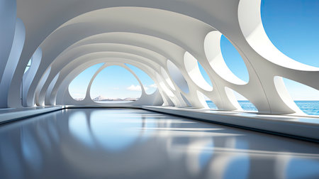Futuristic white corridor with arches reflecting on glossy floor, minimalist sphere centered in a tranquil, spacious interior designの素材