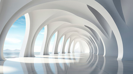 Futuristic white corridor with arches reflecting on glossy floor, minimalist sphere centered in a tranquil, spacious interior designの素材