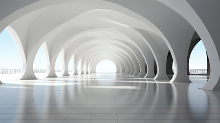 Futuristic white corridor with arches reflecting on glossy floor, minimalist sphere centered in a tranquil, spacious interior designの素材