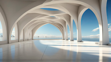 Futuristic white corridor with arches reflecting on glossy floor, minimalist sphere centered in a tranquil, spacious interior designの素材