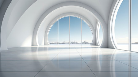 Futuristic white corridor with arches reflecting on glossy floor, minimalist sphere centered in a tranquil, spacious interior designの素材