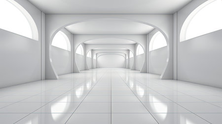 Futuristic white corridor with arches reflecting on glossy floor, minimalist sphere centered in a tranquil, spacious interior designの素材