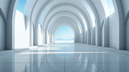 Futuristic white corridor with arches reflecting on glossy floor, minimalist sphere centered in a tranquil, spacious interior designの素材
