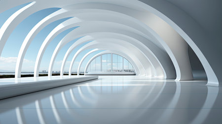 Futuristic white corridor with arches reflecting on glossy floor, minimalist sphere centered in a tranquil, spacious interior designの素材