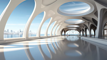 Futuristic white corridor with arches reflecting on glossy floor, minimalist sphere centered in a tranquil, spacious interior designの素材