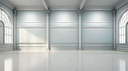 Futuristic white corridor with arches reflecting on glossy floor, minimalist sphere centered in a tranquil, spacious interior designの素材