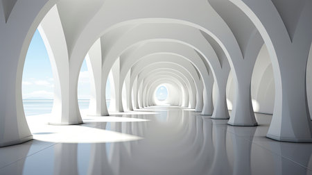 Futuristic white corridor with arches reflecting on glossy floor, minimalist sphere centered in a tranquil, spacious interior designの素材