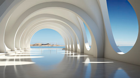 Futuristic white corridor with arches reflecting on glossy floor, minimalist sphere centered in a tranquil, spacious interior designの素材