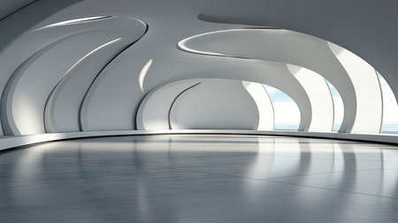 Futuristic white corridor with arches reflecting on glossy floor, minimalist sphere centered in a tranquil, spacious interior designの素材