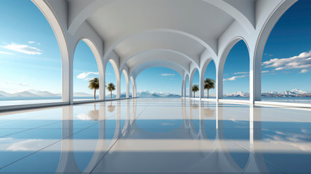 Futuristic white corridor with arches reflecting on glossy floor, minimalist sphere centered in a tranquil, spacious interior designの素材