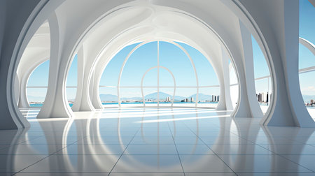 Futuristic white corridor with arches reflecting on glossy floor, minimalist sphere centered in a tranquil, spacious interior designの素材