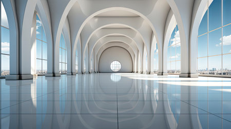 Futuristic white corridor with arches reflecting on glossy floor, minimalist sphere centered in a tranquil, spacious interior designの素材
