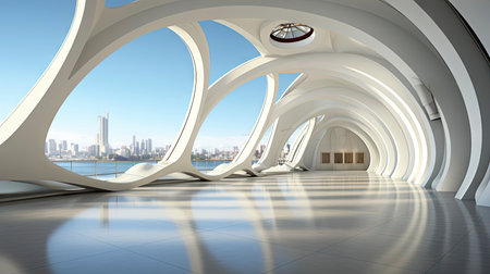 Futuristic white corridor with arches reflecting on glossy floor, minimalist sphere centered in a tranquil, spacious interior designの素材