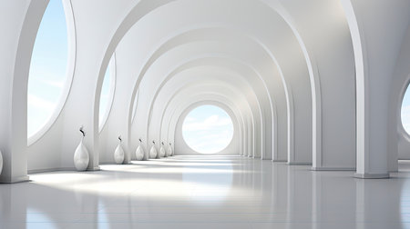 Futuristic white corridor with arches reflecting on glossy floor, minimalist sphere centered in a tranquil, spacious interior designの素材