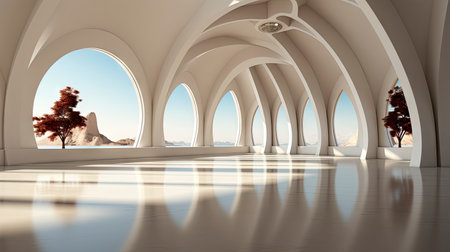 Futuristic white corridor with arches reflecting on glossy floor, minimalist sphere centered in a tranquil, spacious interior designの素材