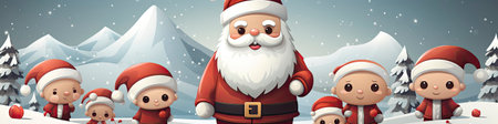 Merry Christmas and happy new year greeting card with cute Santa Claus, deer and snowmanの素材