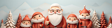 Merry Christmas and happy new year greeting card with cute Santa Claus, deer and snowmanの素材