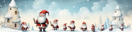 Merry Christmas and happy new year greeting card with cute Santa Claus, deer and snowmanの素材