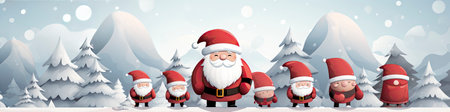 Merry Christmas and happy new year greeting card with cute Santa Claus, deer and snowmanの素材