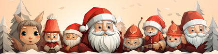 Merry Christmas and happy new year greeting card with cute Santa Claus collection. Holiday cartoon characters setの素材