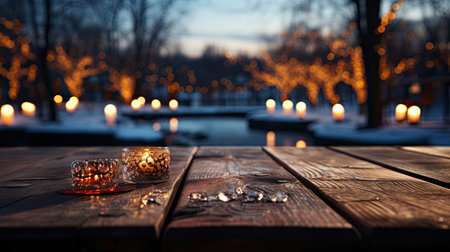 Winter scene with warm candle lights on a bridge, festive tree in the background, and a rustic wooden foreground in a serene snowy landscapeの素材