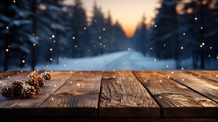 Winter scene with warm candle lights on a bridge, festive tree in the background, and a rustic wooden foreground in a serene snowy landscapeの素材