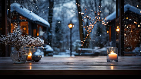 Winter scene with warm candle lights on a bridge, festive tree in the background, and a rustic wooden foreground in a serene snowy landscapeの素材