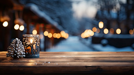 Winter scene with warm candle lights on a bridge, festive tree in the background, and a rustic wooden foreground in a serene snowy landscapeの素材