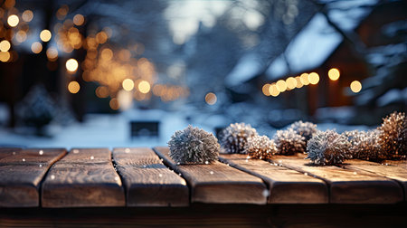 Winter scene with warm candle lights on a bridge, festive tree in the background, and a rustic wooden foreground in a serene snowy landscapeの素材
